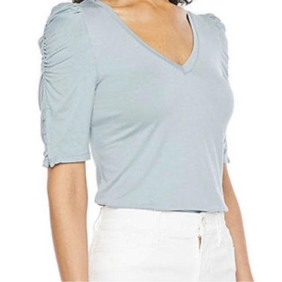 ryegrass Tops - Ryegrass Sky Blue V-Neck Ruched Sleeve Top